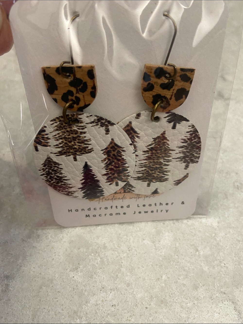 Handcrafted Brown Leather Feather Drop Earrings & Leopard/Fall Season Earrings - Picture 9 of 12